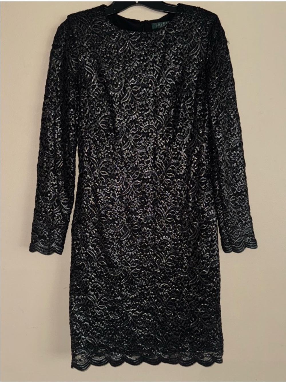 Lauren Ralph Lauren Black Silver Metallic Scalloped Party Midi Dress Size 8 NWT!